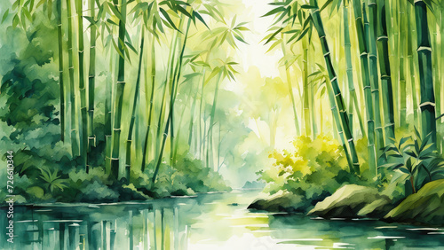 Bamboo forestbright side viewsimple white background small river. photo