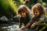 Children playing in a creek, discovering the joy of simple natural wonders. Concept of childhood exploration and natural play. Generative Ai.