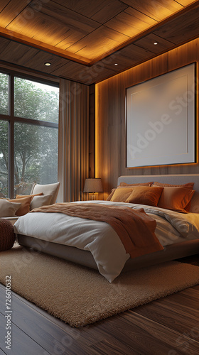 the photo of a bedroom a single large empty picture frame on the wall  cinematic shot  furniture is whiskey-inspired  bedroom  high detailed  evening 