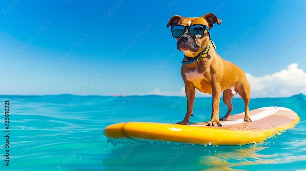 Cute dog surfing on a surfboard with sunglasses in ocean or sea in summer vacation holidays.Travel preparation and planning. Concept of recreation, travel,tourism. Pets care. Hawaii, California, Bali.