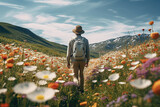 An individual walking through a field of wildflowers, appreciating the colors and diversity of nature. Concept of wildflower beauty and nature walks. Generative Ai.