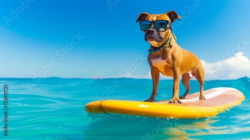 Cute dog surfing on a surfboard with sunglasses in ocean or sea in summer vacation holidays.Travel preparation and planning. Concept of recreation, travel,tourism. Pets care. Hawaii, California, Bali. © Evgeniya