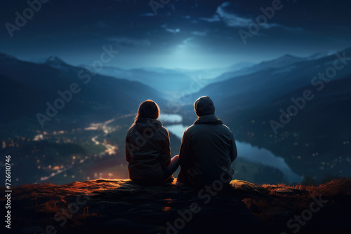 A couple stargazing in a remote location  marveling at the night sky s beauty. Concept of astronomy and the wonder of the night sky. Generative Ai.