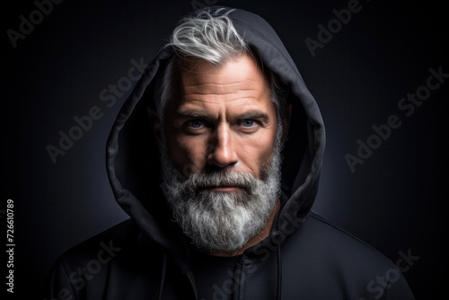 Portrait of an attractive mature man with light eyes and gray beard with serious gesture and black hoodie on a dark background looking at camera. Generative Ai