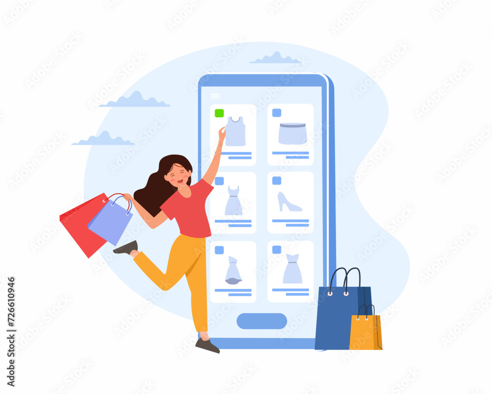 Happy women doing online shopping and carrying shopping bags purchased goods in a virtual store vector illustration.