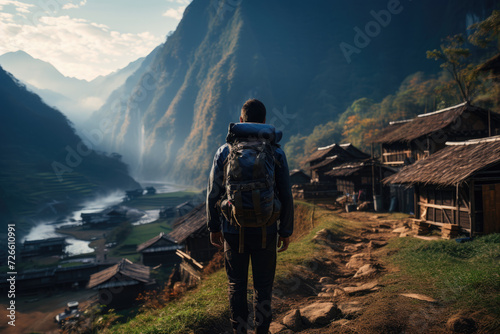 A person trekking to a remote mountain village, discovering untouched cultures and lifestyles. Concept of off-the-beaten-path travel and cultural immersion. Generative Ai.