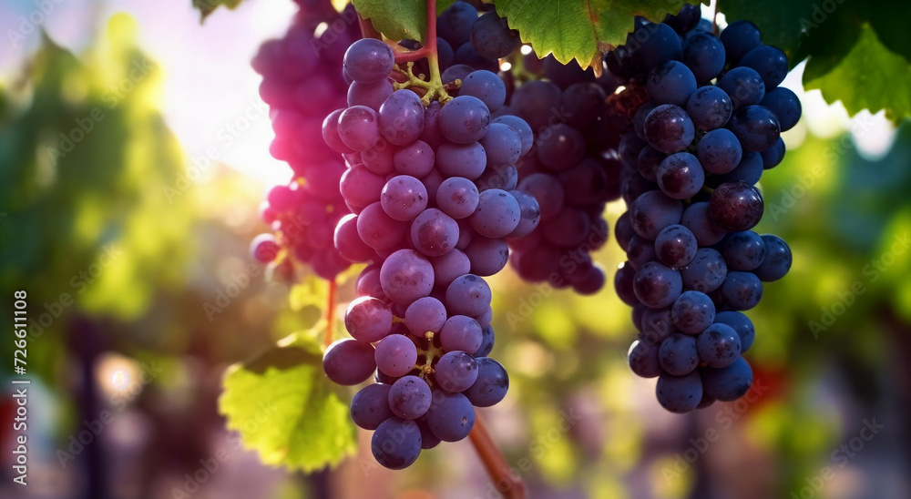 a bunch of grapes hanging from a vine in a vineyard with the sun shining through the leaves and the branches, generative ai