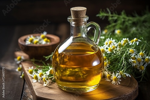 Spa concept glass bottle of essential oil with fresh chamomile flowers for beauty treatment