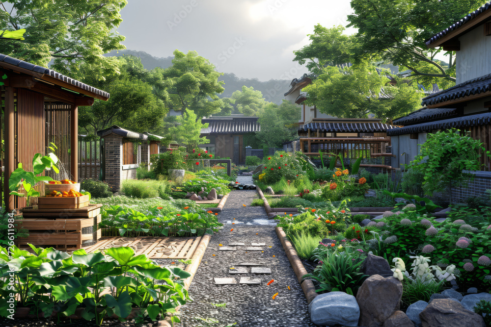 A neighborhood adopting a rainwater harvesting system, utilizing natural resources for gardening. Concept of community-based water conservation. Generative Ai.