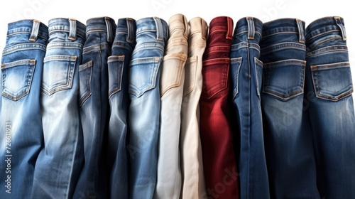A row of jeans hanging on a rack. Versatile and practical for various fashion or retail themes