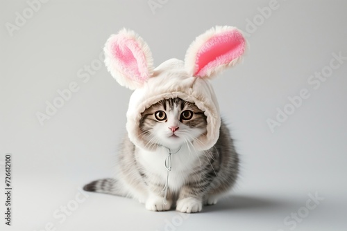 A cute cat, adorably dressed in a fluffy bunny ears hat, gazes upwards with big, soulful eyes against a soft grey background.