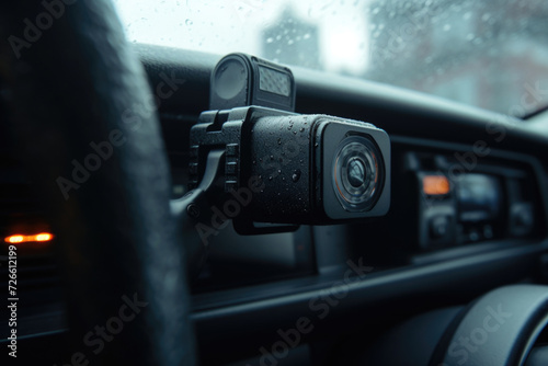 A close-up view of a car dashboard with a dash camera attached. Perfect for illustrating the use of dash cameras for safety and documentation purposes