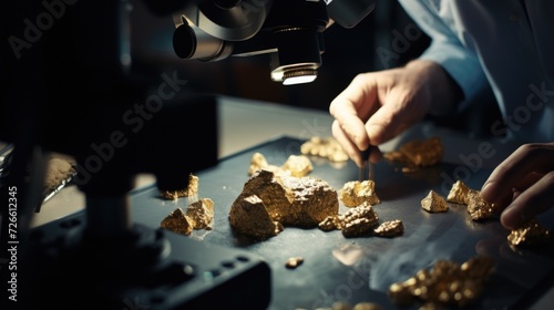 A man is examining gold nuggets through a microscope. This image can be used to illustrate scientific research, mineralogy, or the study of precious metals