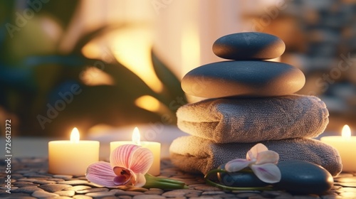 A pile of rocks with candles and a flower. Can be used for meditation or spiritual themes