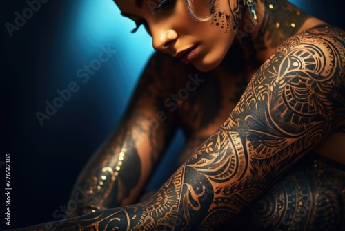 A woman with a tattoo on her arm, suitable for various uses