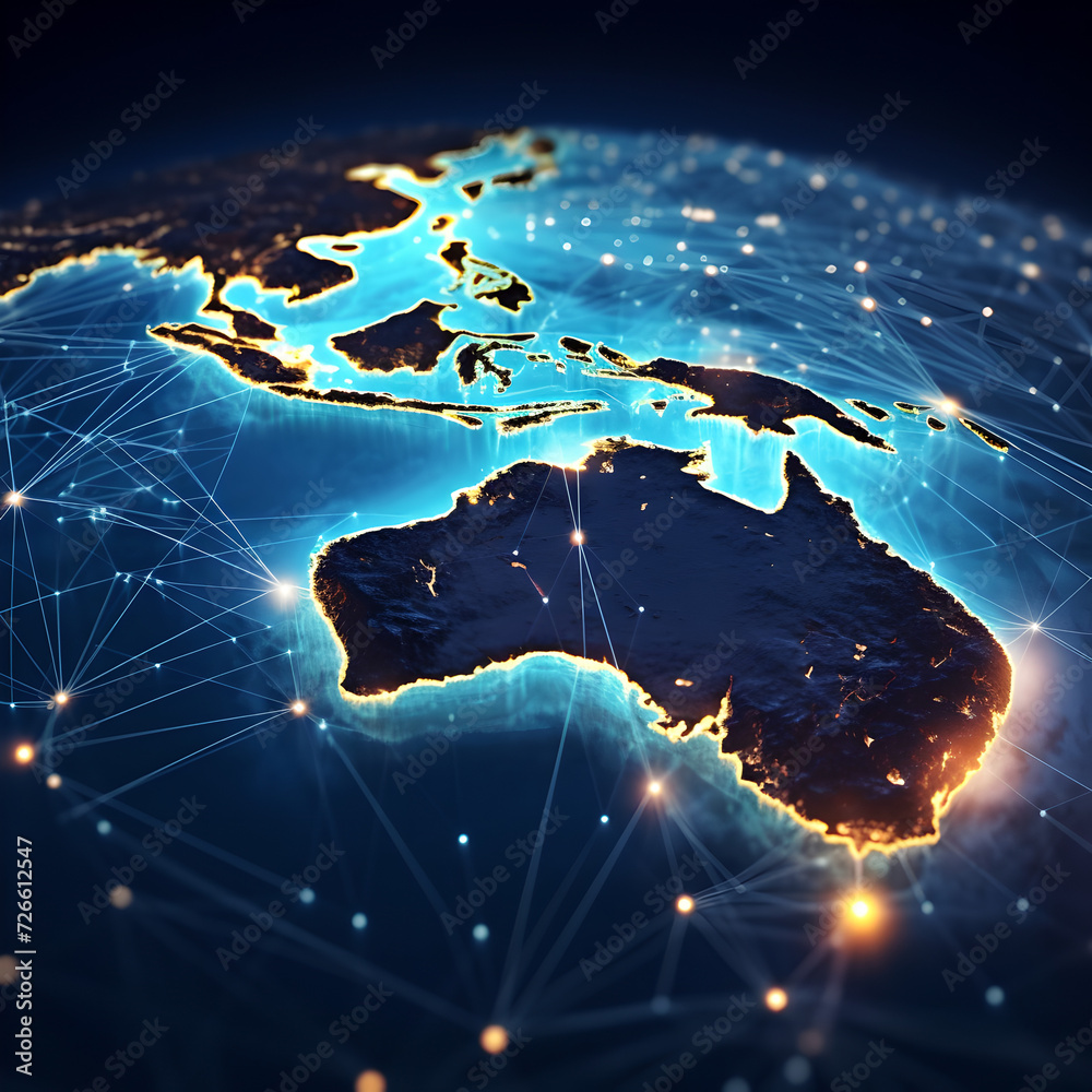  A digital map of the Australia represents a global network concept with data transfer , information exchange, telecommunication , connectivity and cyber technology - obrazy, fototapety, plakaty 
