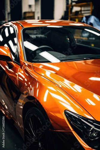An orange sports car parked in a garage. Suitable for automotive enthusiasts and car-related publications