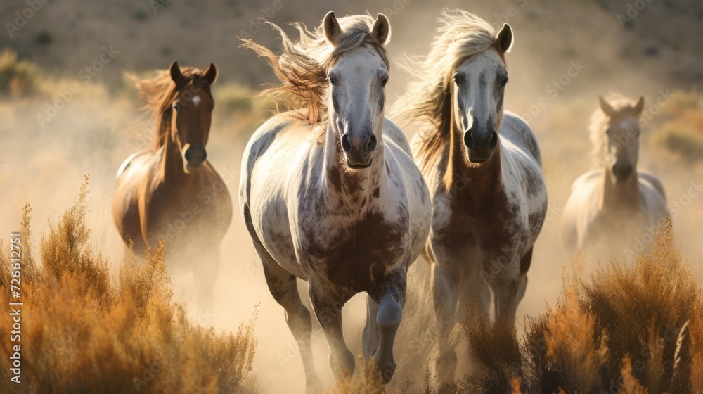 Horses free run on desert storm against sunset sky. Neural network AI generated art