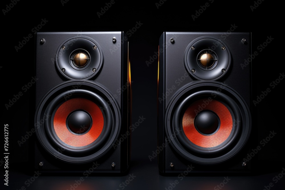 Two speakers placed next to each other. Suitable for music, audio, or sound-related projects Two speakers placed next to each other. Suitable for music, audio, or sound-related projects