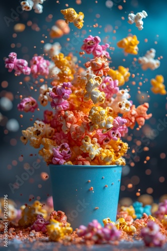 Flying multicolored popcorn in a bright glass on a blue background