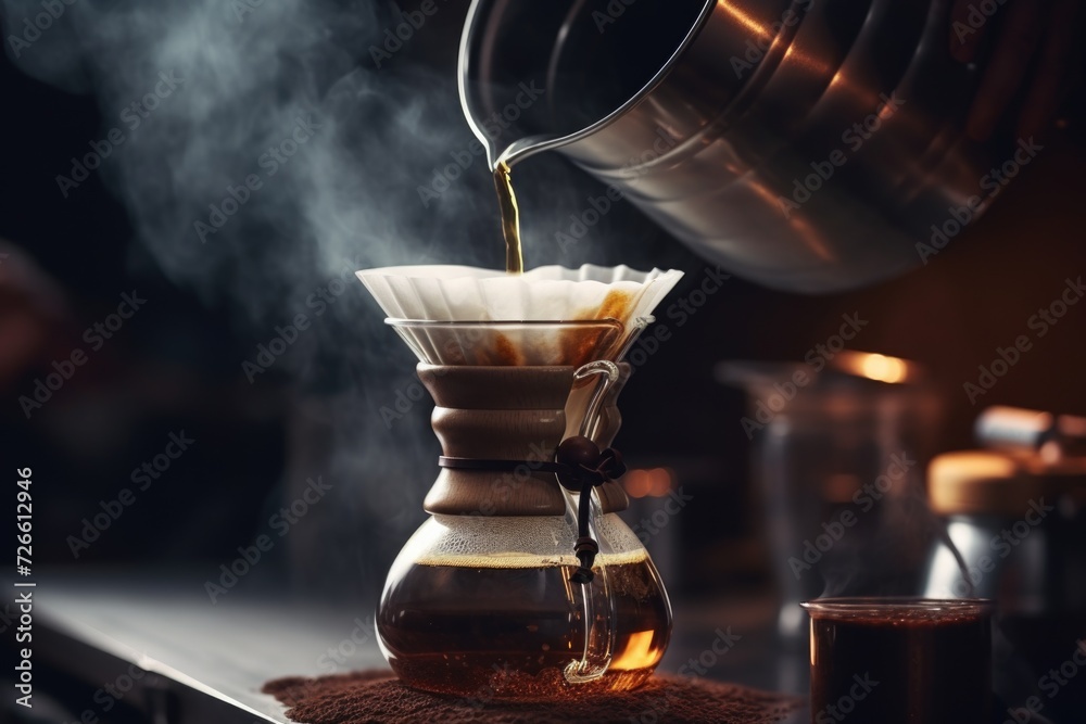 Coffee being poured into a coffee pot. Perfect for coffee-related projects - obrazy, fototapety, plakaty 