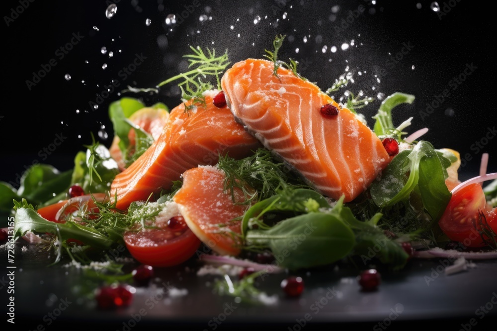 A mouthwatering close-up of a plate of food featuring delicious salmon. Perfect for food enthusiasts and restaurant promotions A mouthwatering close-up of a plate of food featuring delicious salmon. Perfect for food enthusiasts and restaurant promotions