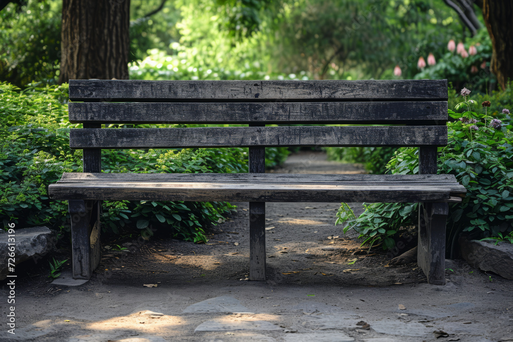 A weathered wooden bench in a park, providing rest and stories to countless visitors. Concept of functionality and beauty in weathered objects. Generative Ai. A weathered wooden bench in a park, providing rest and stories to countless visitors. Concept of functionality and beauty in weathered objects. Generative Ai.