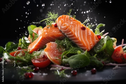 A mouthwatering close-up of a plate of food featuring delicious salmon. Perfect for food enthusiasts and restaurant promotions