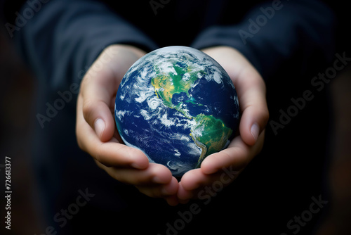 Mains d'enfants qui tiennent un globe qui représente le monde pour la journée de la terre photo