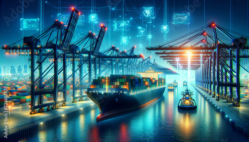 A futuristic cargo port with an illuminated container ship, cranes, and digital interfaces against a night city skyline.Logistics solutions in the future.AI generated.