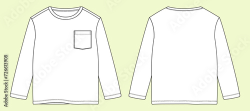 Boys Long Sleeve Round Neck T-shirt Fashion Flat Sketch with Black and White Outline – Front and Back View Template Mock-up