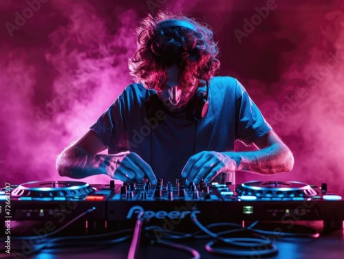 Charismatic DJ at the turntable. DJ plays on the best, famous CD players at nightclub during party. EDM, party concept