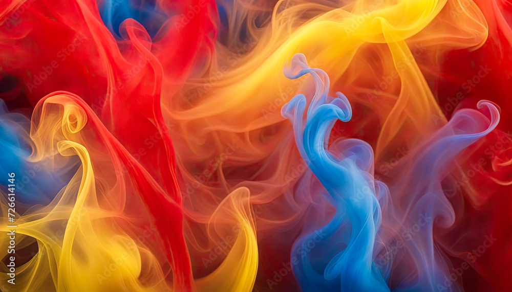 Abstract wave of colorful smoke, red, yellow, blue colors, abstract background