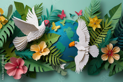 Illustration en papier découpé de la terre avec des feuilles, des fleurs, des papillons et deux perroquets pour la journée de la terre - globe terrestre et écologie