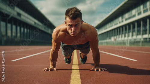 Young healthy man doing push-ups and exercising on the running field. Ai generate.