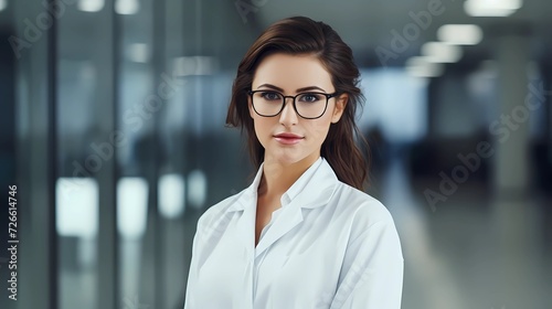 Portrait of a gorgeous young woman scientist wearing white coat and glasses in modern Medical Science Laboratory.  © i_love_photos