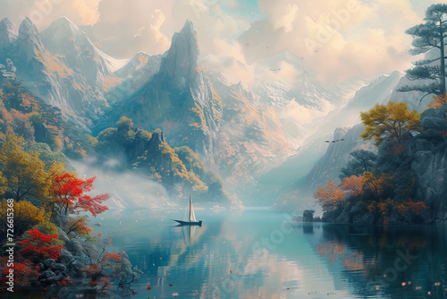 The painting shows a beautiful scene of a mountain lake with a boat on it.