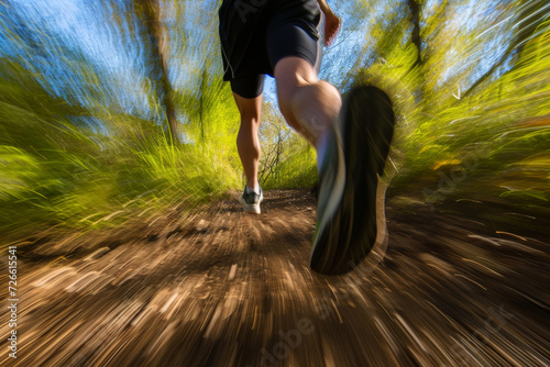 Point of view of a runner on the mountain in motion, training on a sunny day with a motion blur effect photo