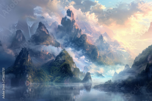 A scenic painting of mountains under a cloud.
