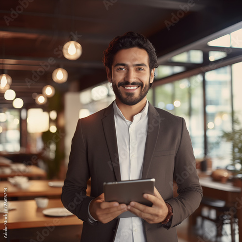 happy young latin business man executive holding tablet at the office