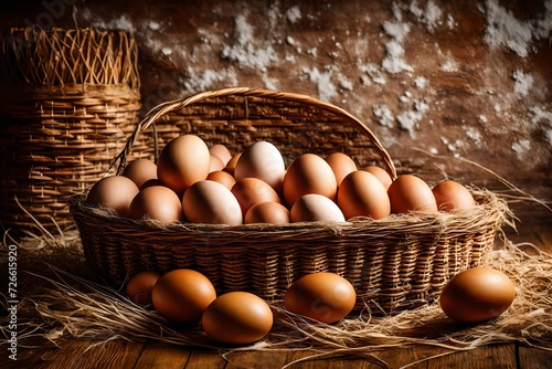 many organic eggs on a straw with basket basketry and hen Rhode Island Red on a wooden floor with background bare plaster or loft style