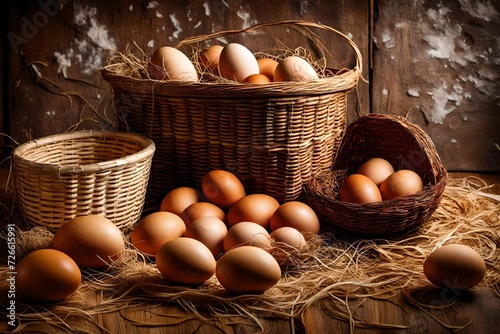 many organic eggs on a straw with basket basketry and hen Rhode Island Red on a wooden floor with background bare plaster or loft style photo