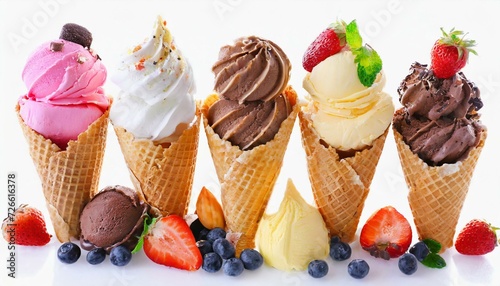 Different ice cream balls in waffle photo