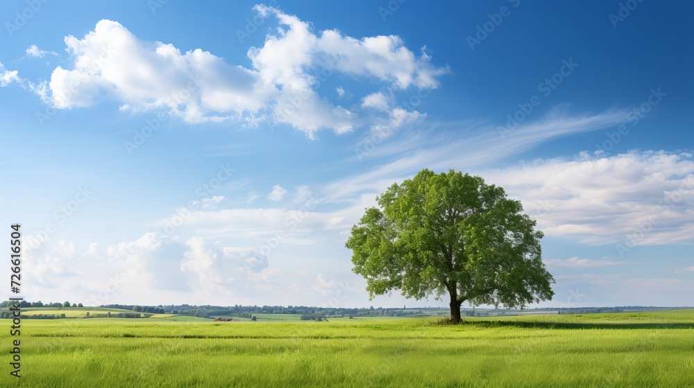 Solitary oak tree standing alone in a sunlit field with ample copy space available Solitary oak tree standing alone in a sunlit field with ample copy space available