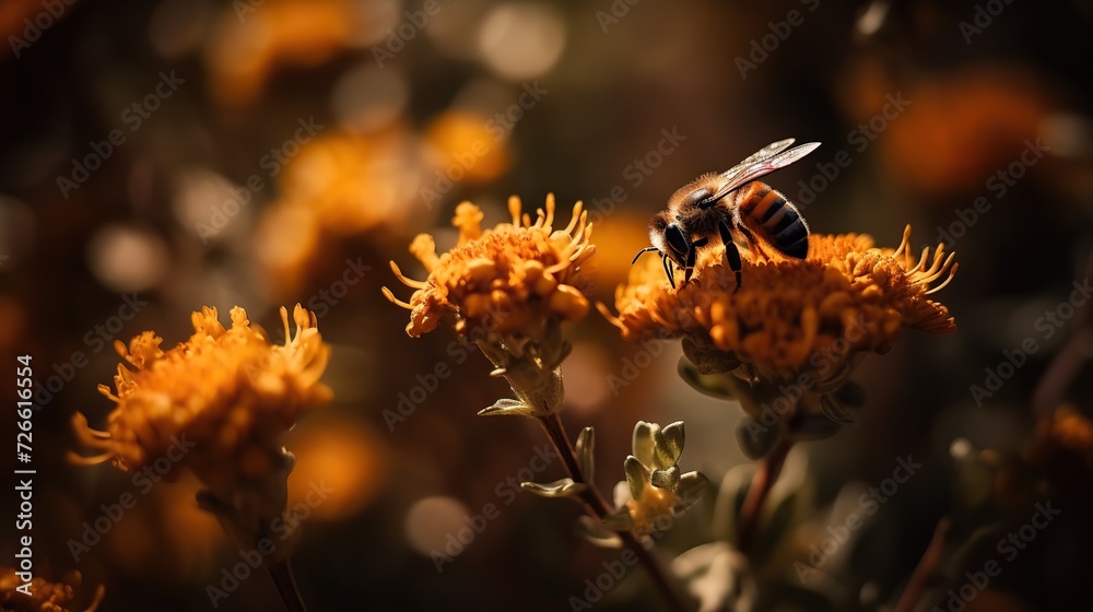 Harmony in Nature: Bee diligently gathering pollen amidst a vibrant garden Harmony in Nature: Bee diligently gathering pollen amidst a vibrant garden