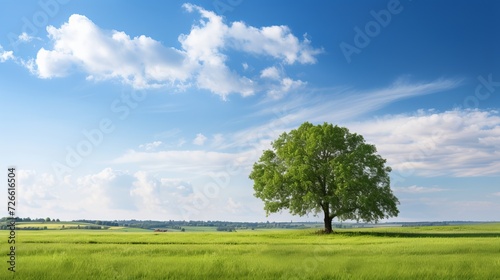 Solitary oak tree standing alone in a sunlit field with ample copy space available