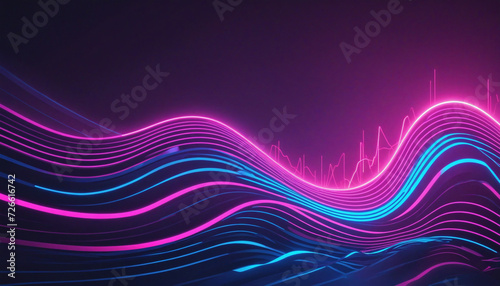 Neon light abstract background with pink and blue wavy lines. Glowing neon lighting. Futuristic style. Music and energy in abstract background with synthwave vibe. Pulse power lines. 