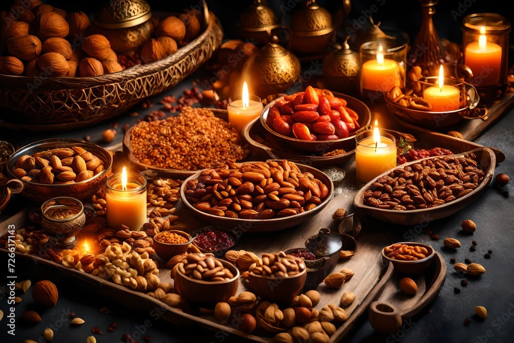 Ramadan Kareem and iftar muslim food, holiday concept. Trays with nuts and dried fruits and latterns with candles. Celebration ideaccccc