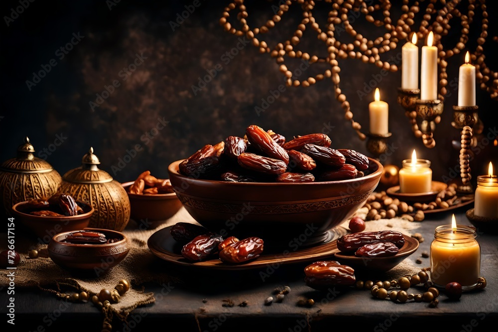 Ramadan Kareem and iftar muslim food, holiday concept. Bowl with dried dates, rosary and latterns with candles. Celebration idea