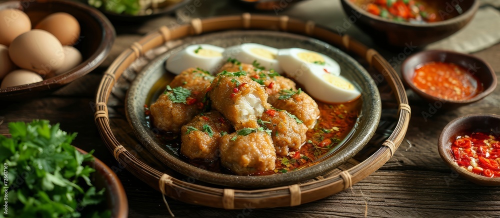 Pempek, also known as empek, is a dish consisting of fish meat mixed with starch, eggs, garlic, flavorings, and salt. Pempek, also known as empek, is a dish consisting of fish meat mixed with starch, eggs, garlic, flavorings, and salt.